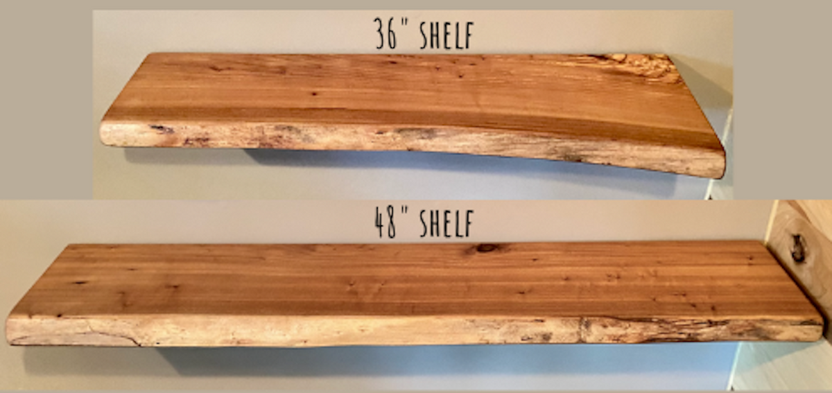 Two wooden shelves with measurements on a neutral background