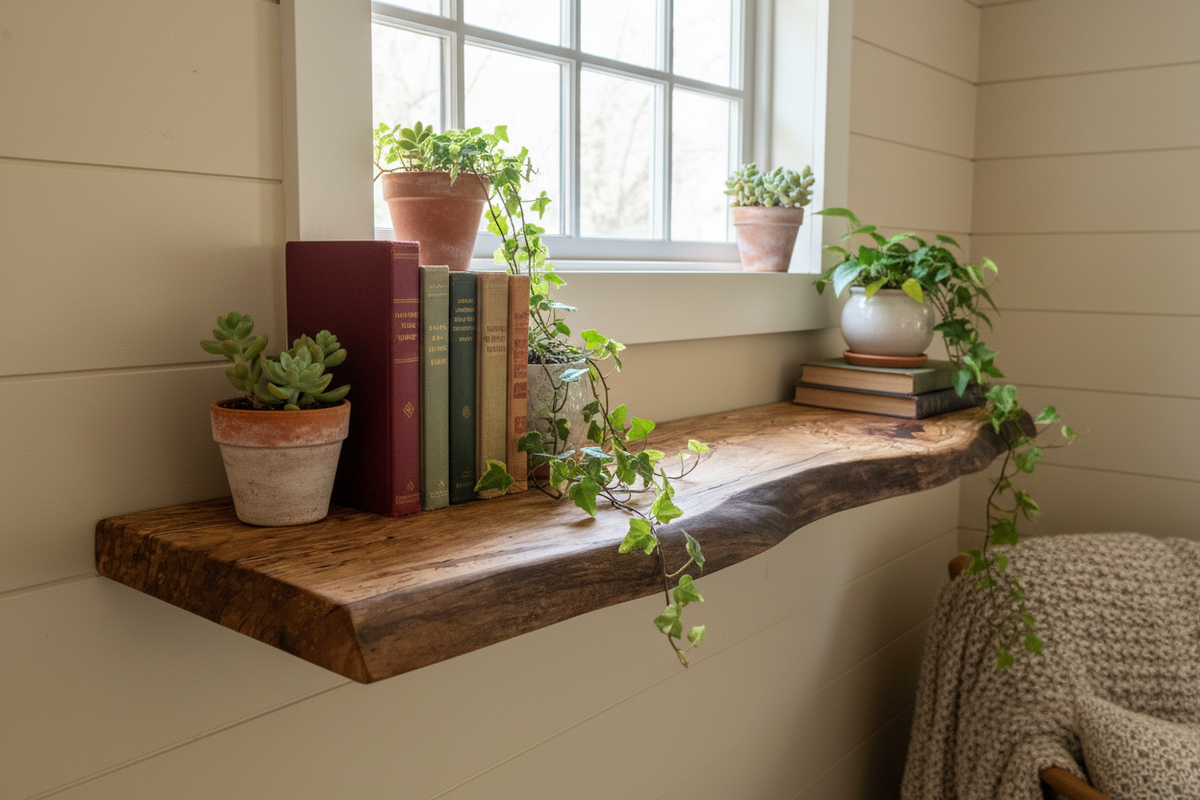Custom live edge maple shelves with natural wood grain, handcrafted from solid maple. Ideal for rustic, modern, or farmhouse interiors.