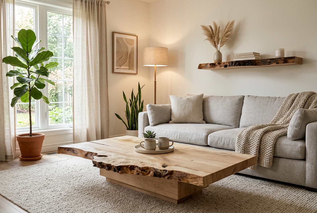 Rustic Furniture Set: Live Edge Burl Maple Coffee Table and Matching Maple Floating Shelf