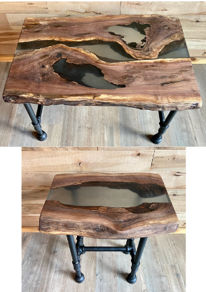 Live Edge Black Walnut Epoxy Resin River Pour Table Set w/Black Iron Pipe Legs