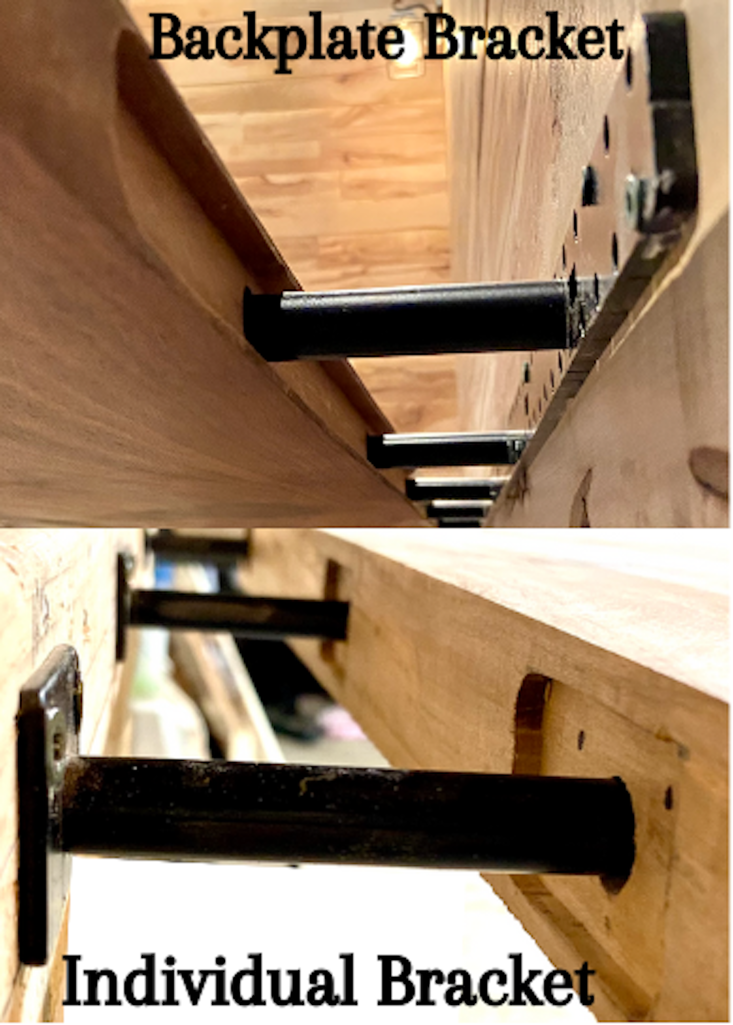 Comparison of a backplate bracket and an individual bracket attached to wooden beams.