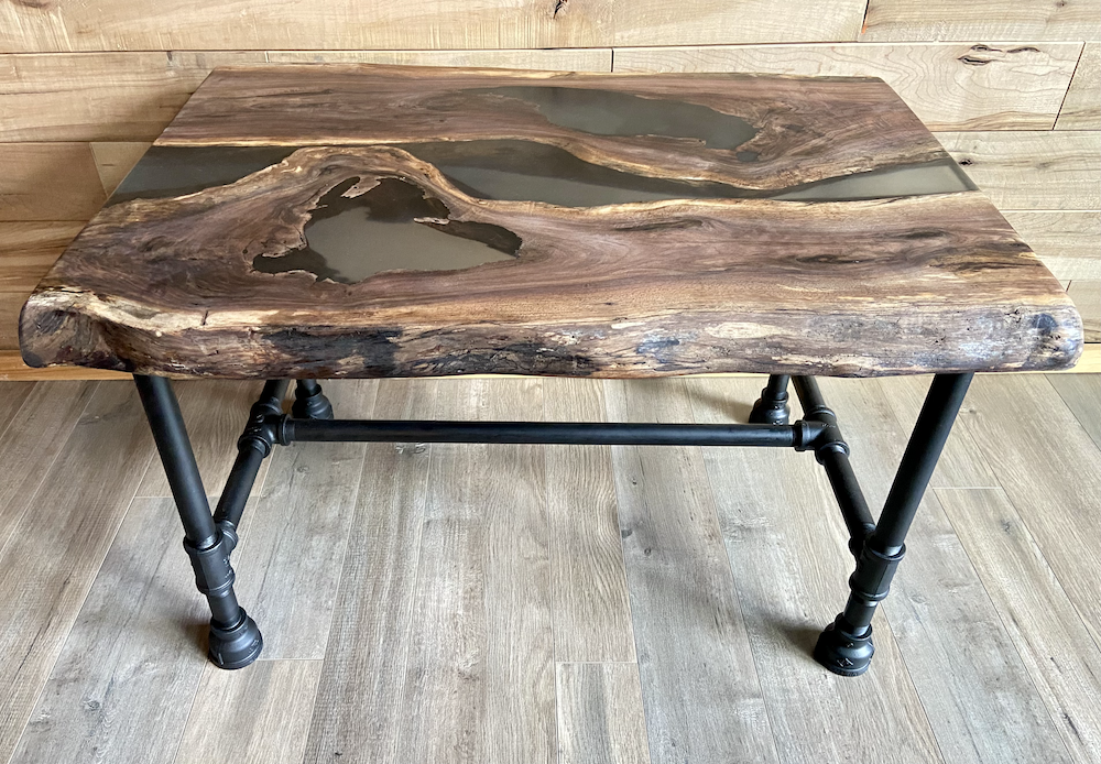 Live Edge Black Walnut Epoxy Resin River Pour Table Set w/Black Iron Pipe Legs
