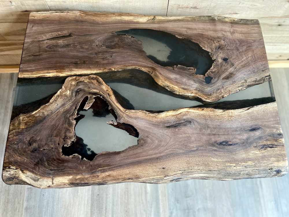 Live Edge Black Walnut Epoxy Resin River Pour Table Set w/Black Iron Pipe Legs