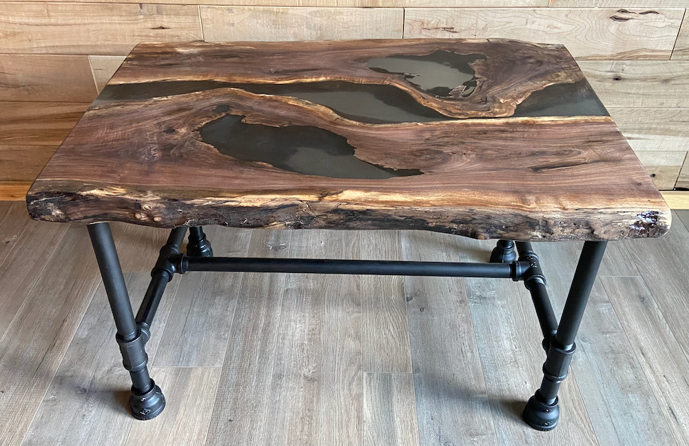 Live Edge Black Walnut Epoxy Resin River Pour Table Set w/Black Iron Pipe Legs