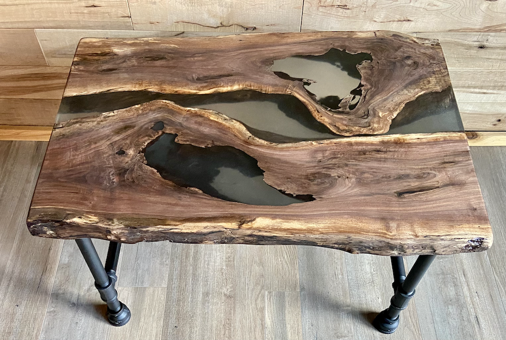 Live Edge Black Walnut Epoxy Resin River Pour Table Set w/Black Iron Pipe Legs