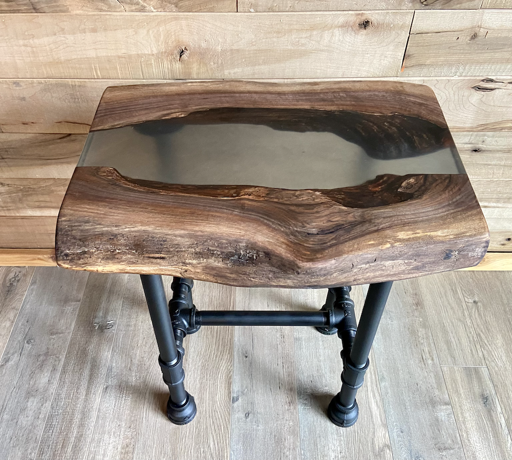 Live Edge Black Walnut Epoxy Resin River Pour Table Set w/Black Iron Pipe Legs