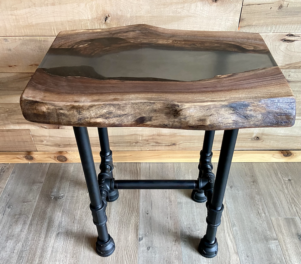 Live Edge Black Walnut Epoxy Resin River Pour Table Set w/Black Iron Pipe Legs