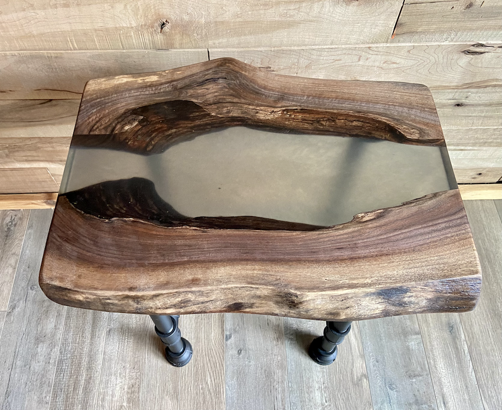 Live Edge Black Walnut Epoxy Resin River Pour Table Set w/Black Iron Pipe Legs
