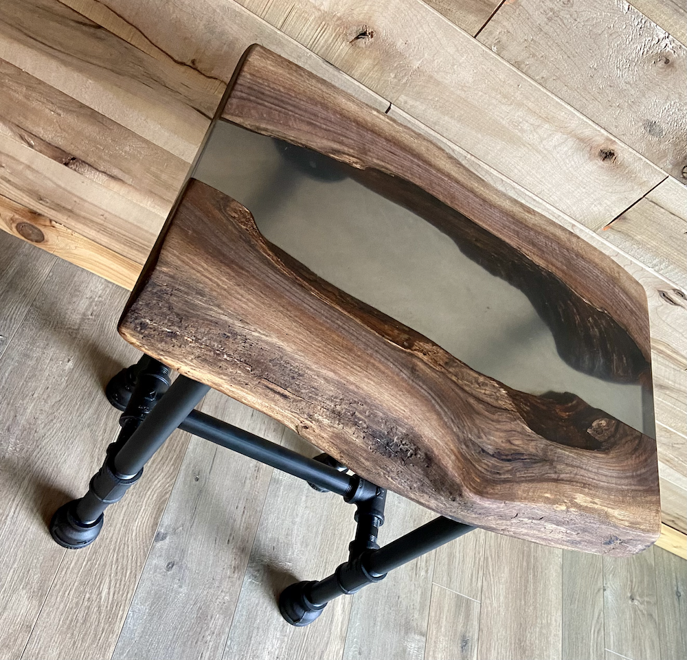 Live Edge Black Walnut Epoxy Resin River Pour Table Set w/Black Iron Pipe Legs