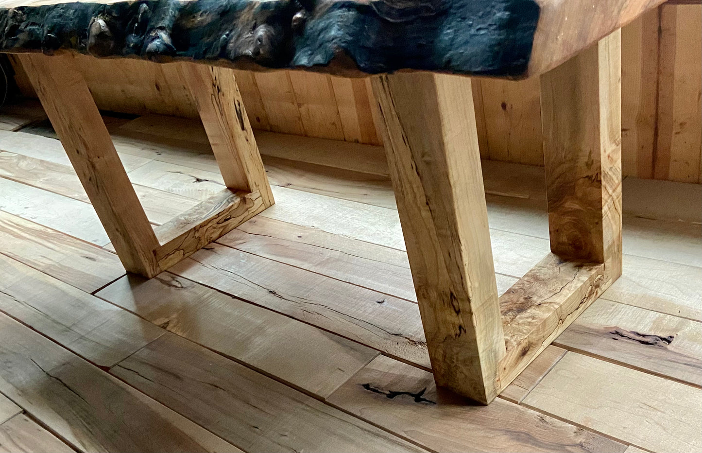 Live Edge Curly Maple Burl Wood Coffee Table with Spalting & Bird's Eye