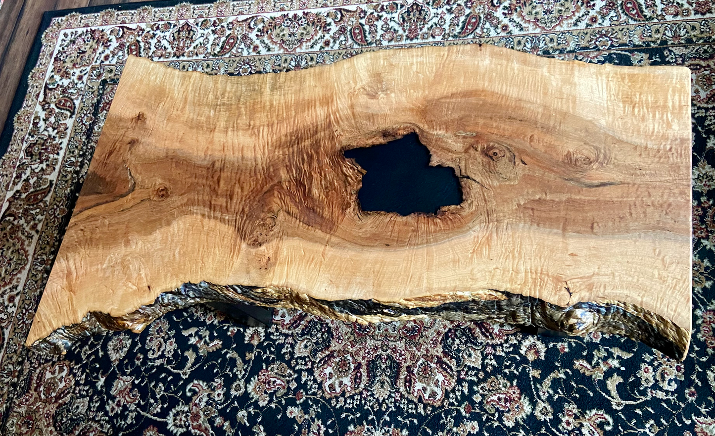 Live Edge Curly Maple Wood Accent Table|Smaller Live Edge Maple Coffee Table|Live Edge Rustic Display Table| Live Edge Maple Accent Table