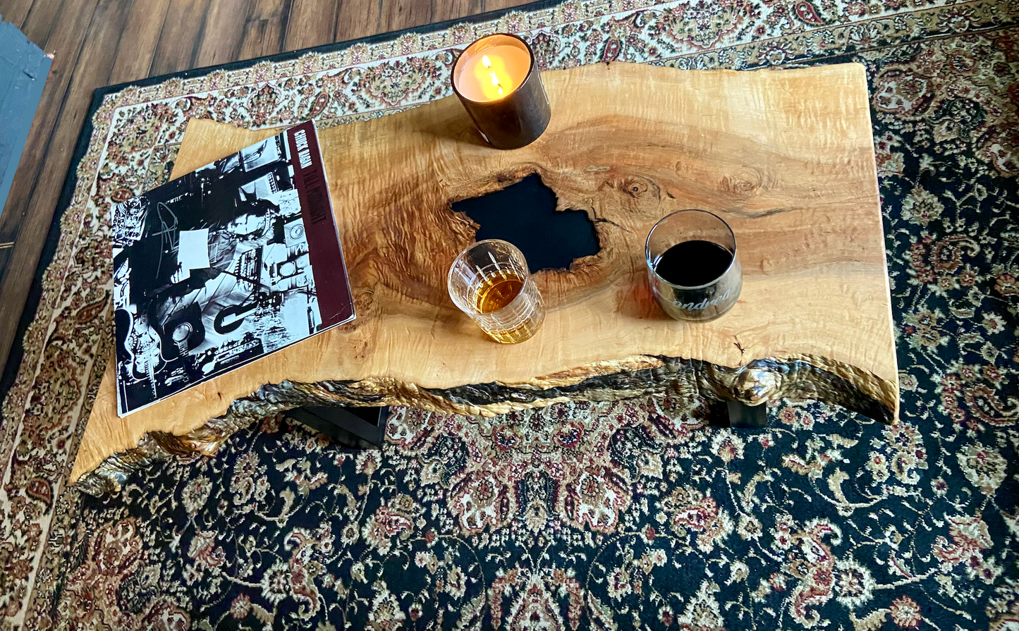 Live Edge Curly Maple Wood Accent Table|Smaller Live Edge Maple Coffee Table|Live Edge Rustic Display Table| Live Edge Maple Accent Table