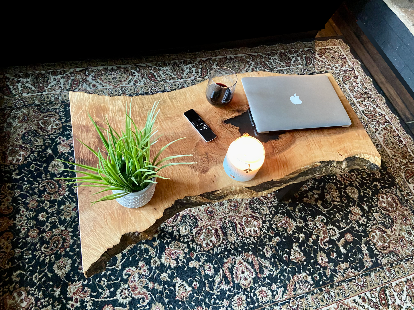 Live Edge Curly Maple Wood Accent Table|Smaller Live Edge Maple Coffee Table|Live Edge Rustic Display Table| Live Edge Maple Accent Table