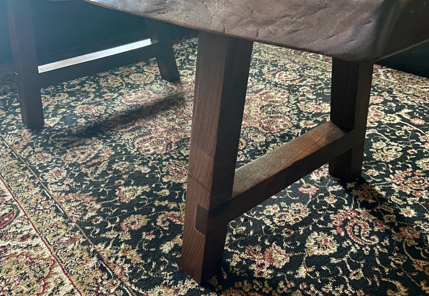 Beautifully Patterned Live Edge Walnut Table with Custom Walnut A-Legs