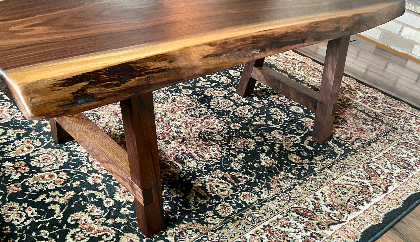 Beautifully Patterned Live Edge Walnut Table with Custom Walnut A-Legs