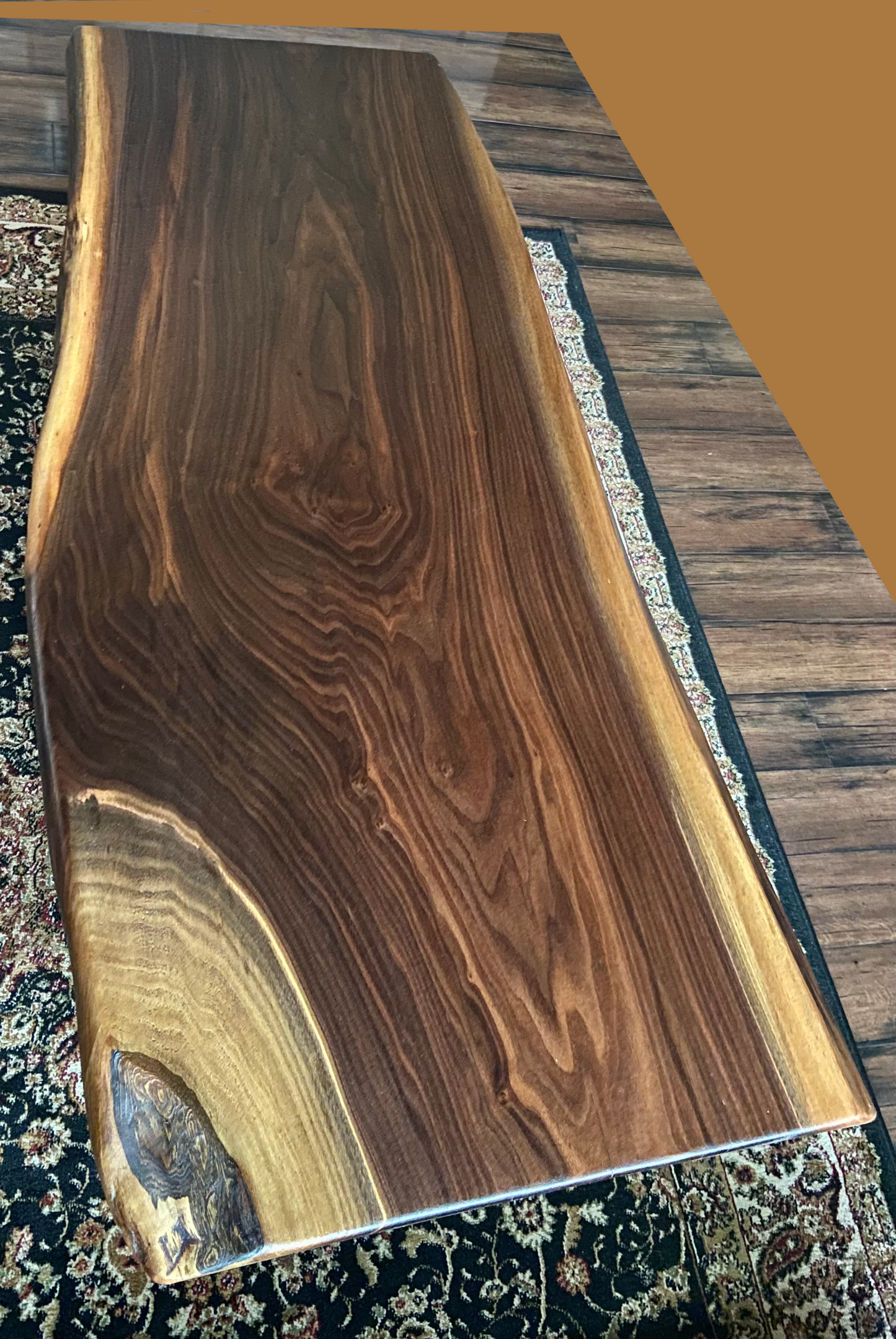 Beautifully Patterned Live Edge Walnut Table with Custom Walnut A-Legs