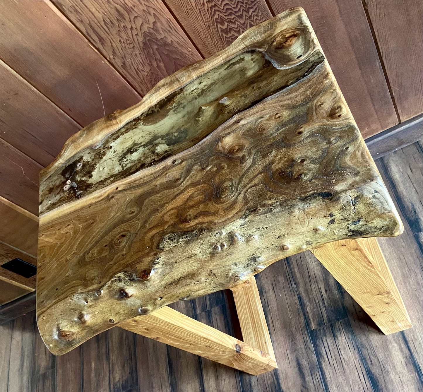 Live Edge Chestnut Burl Display Table with Clear Epoxy