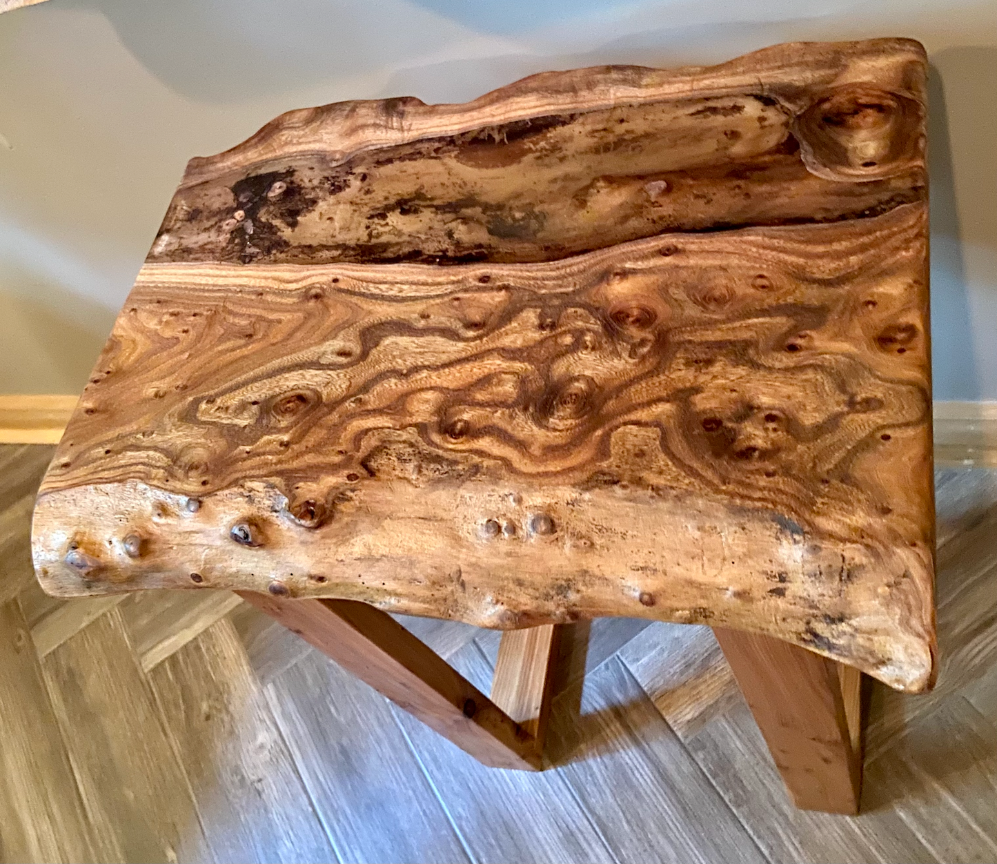 Live Edge Chestnut Burl Display Table with Clear Epoxy