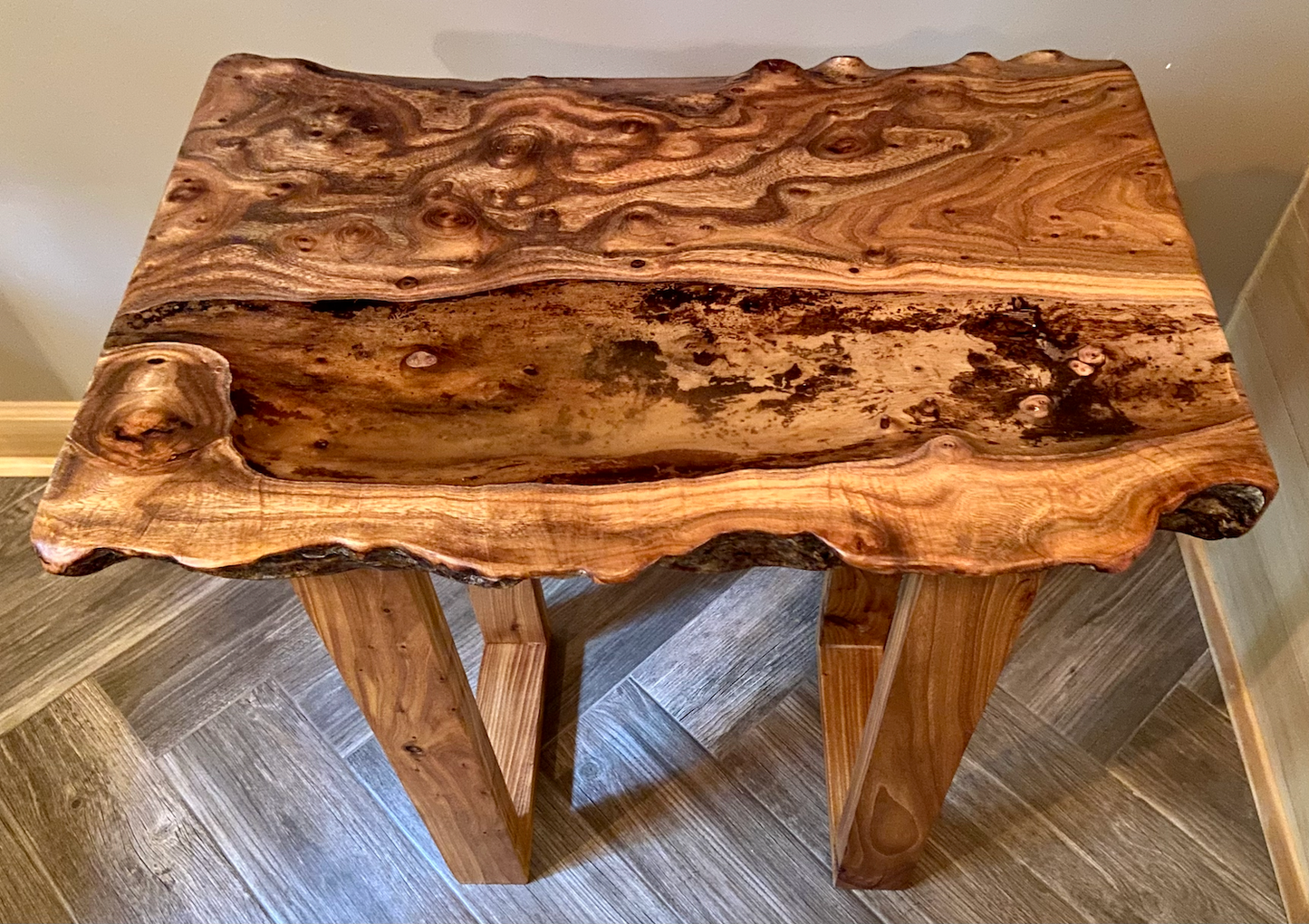 Live Edge Chestnut Burl Display Table with Clear Epoxy