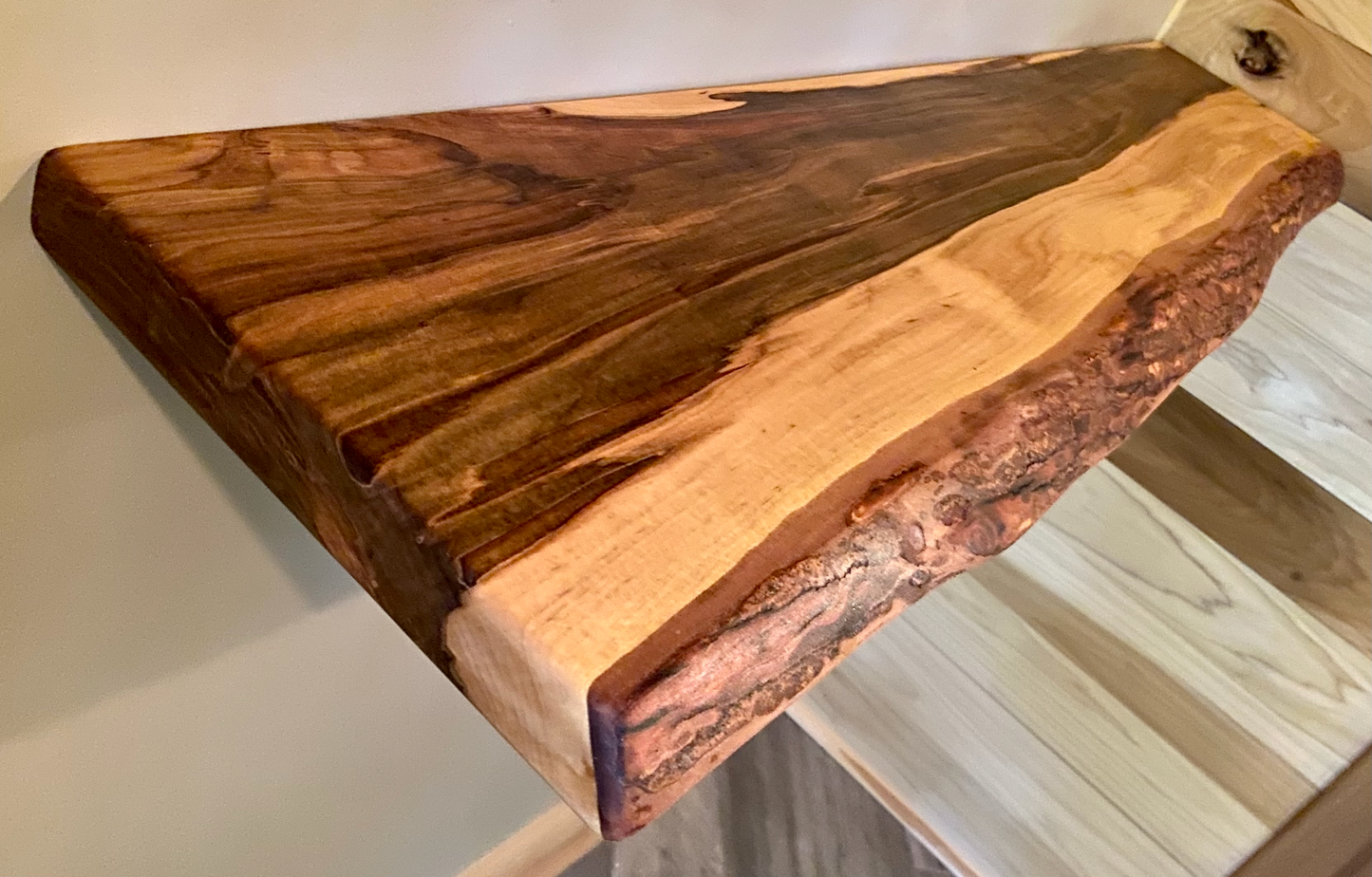 Live Edge Ambrosia Maple Floating Shelf|Wormy Maple Natural Edge Floating Wood Display Shelf|Farmhouse Rustic Live Edge Hanging Wall Shelf