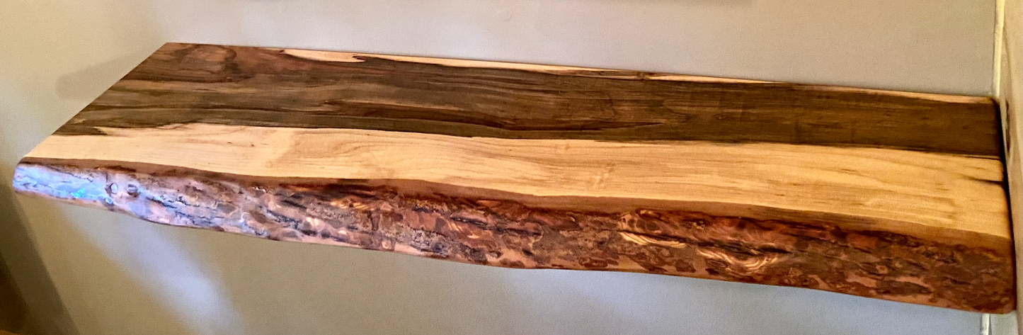 Live Edge Ambrosia Maple Floating Shelf|Wormy Maple Natural Edge Floating Wood Display Shelf|Farmhouse Rustic Live Edge Hanging Wall Shelf