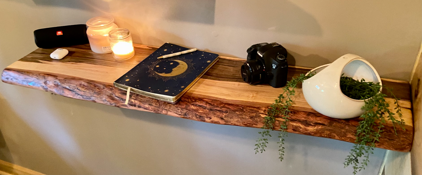 Live Edge Ambrosia Maple Floating Shelf|Wormy Maple Natural Edge Floating Wood Display Shelf|Farmhouse Rustic Live Edge Hanging Wall Shelf