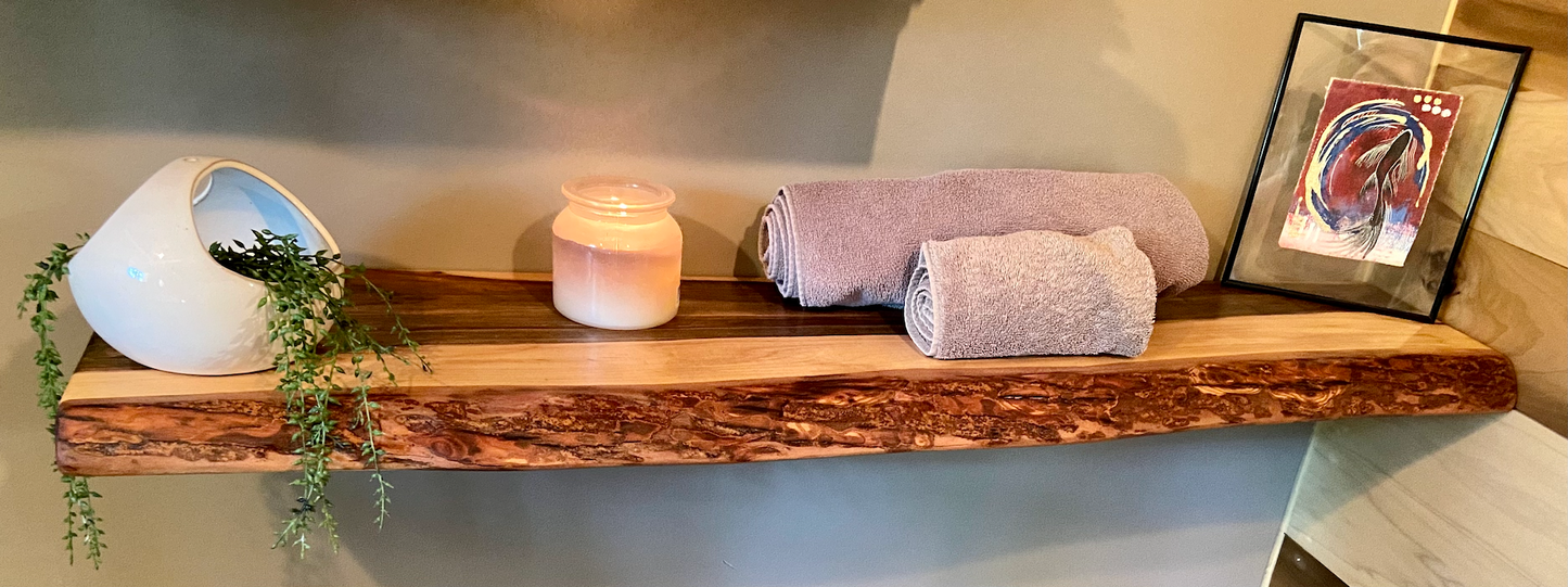 Live Edge Ambrosia Maple Floating Shelf|Wormy Maple Natural Edge Floating Wood Display Shelf|Farmhouse Rustic Live Edge Hanging Wall Shelf