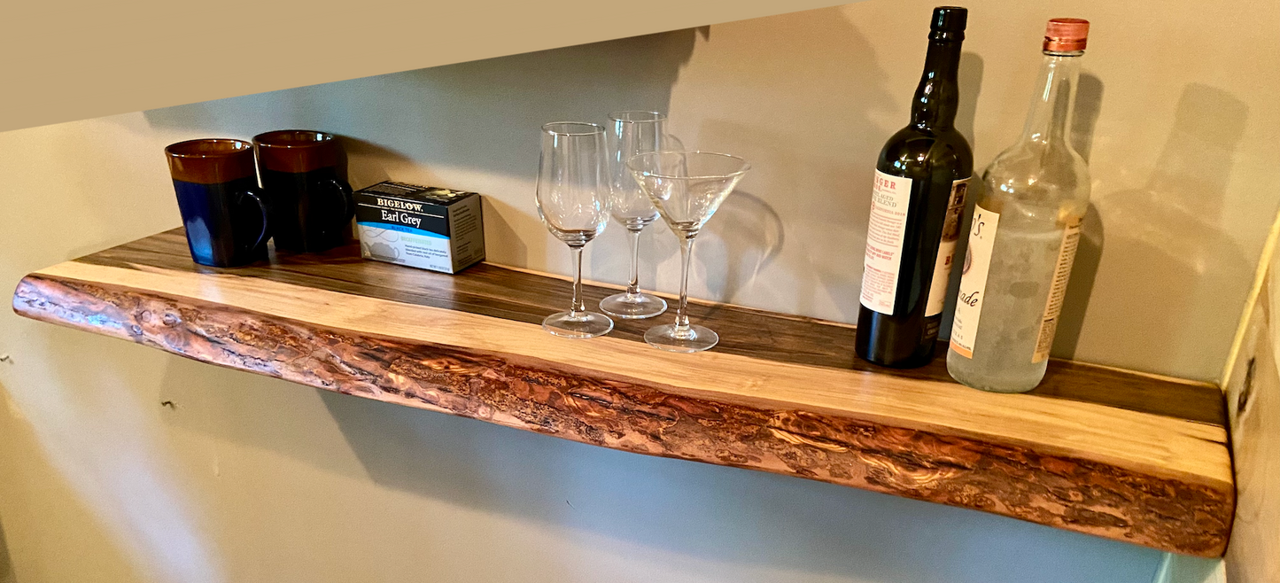 Live Edge Ambrosia Maple Floating Shelf|Wormy Maple Natural Edge Floating Wood Display Shelf|Farmhouse Rustic Live Edge Hanging Wall Shelf