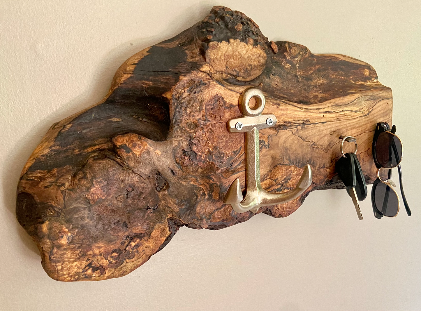 Ultra Unique Burl Maple Wall Organizer|Live Edge Mountable Key Holder|Entryway Organizer|Coat Hanger|Rustic Farmhouse Wood Towel Hook