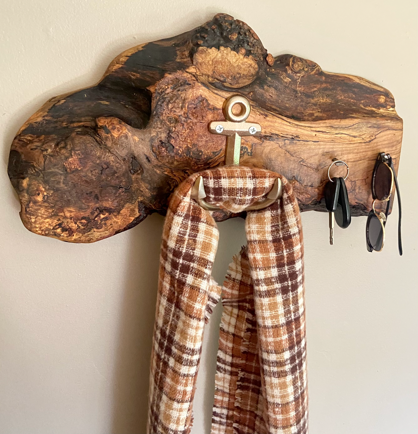 Ultra Unique Burl Maple Wall Organizer|Live Edge Mountable Key Holder|Entryway Organizer|Coat Hanger|Rustic Farmhouse Wood Towel Hook