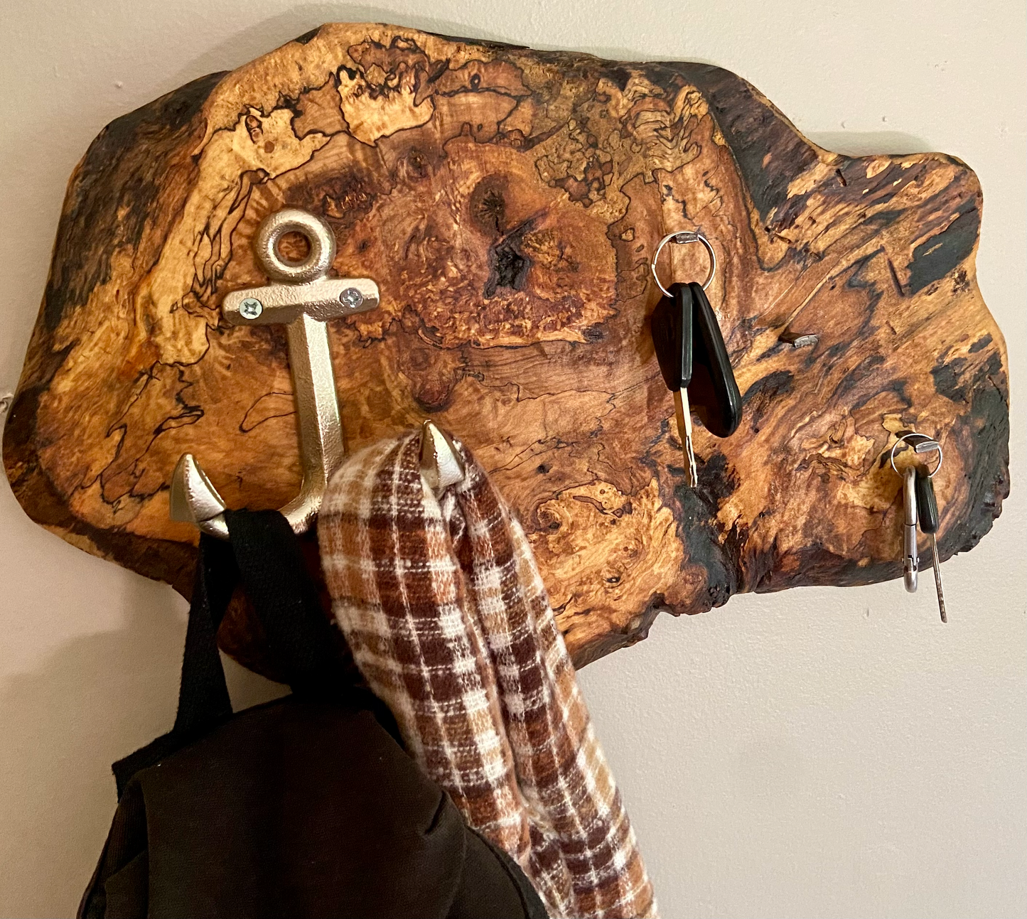 Spalted Burl Maple Rustic Live Edge Mountable Wall Hooks|Wall Organizer|Key Holder|Entryway Organizer|Coat Hanger|Rustic Wood Coat Hook
