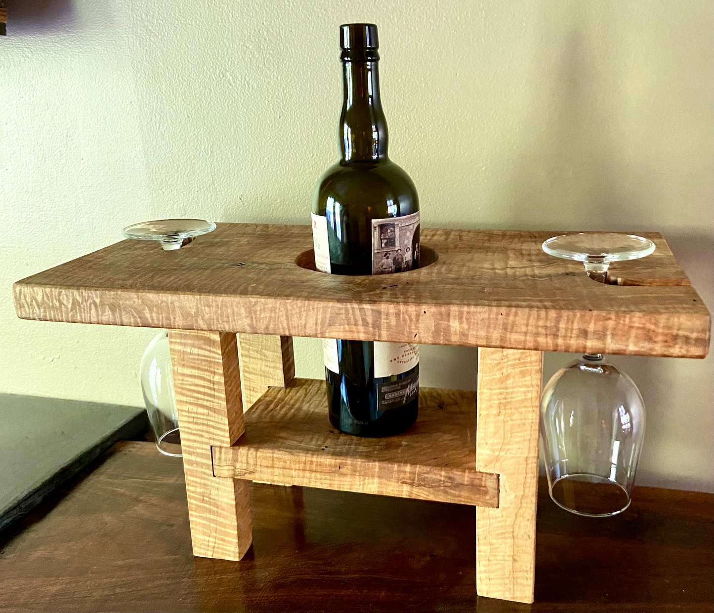 Curly Maple Free Standing Wine Glass & Bottle Holder|Counter Wine Rack|Rustic Industrial Custom Bar Storage|Home Bar Gift Idea|Kitchen Decor