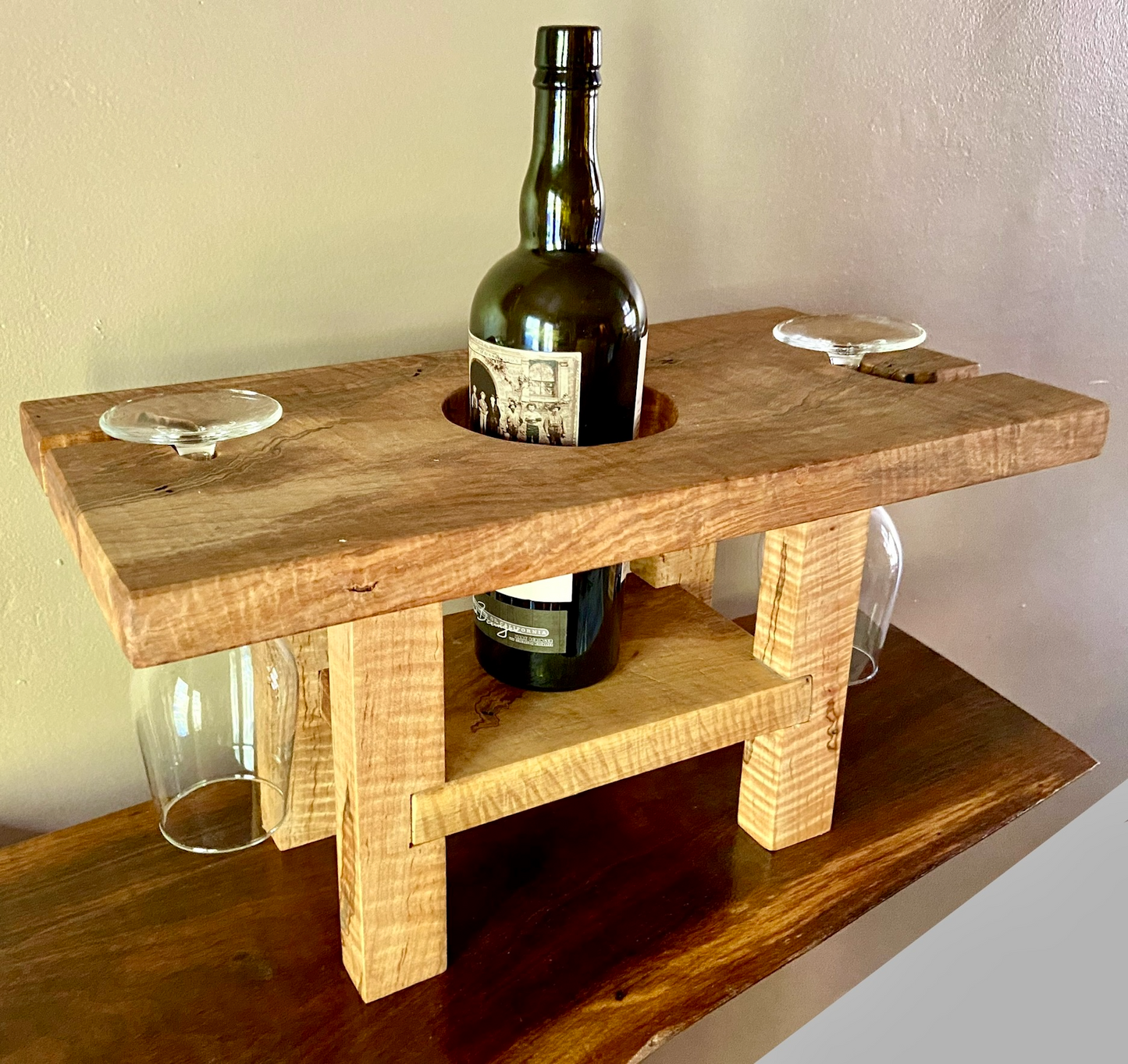 Curly Maple Free Standing Wine Glass & Bottle Holder|Counter Wine Rack|Rustic Industrial Custom Bar Storage|Home Bar Gift Idea|Kitchen Decor