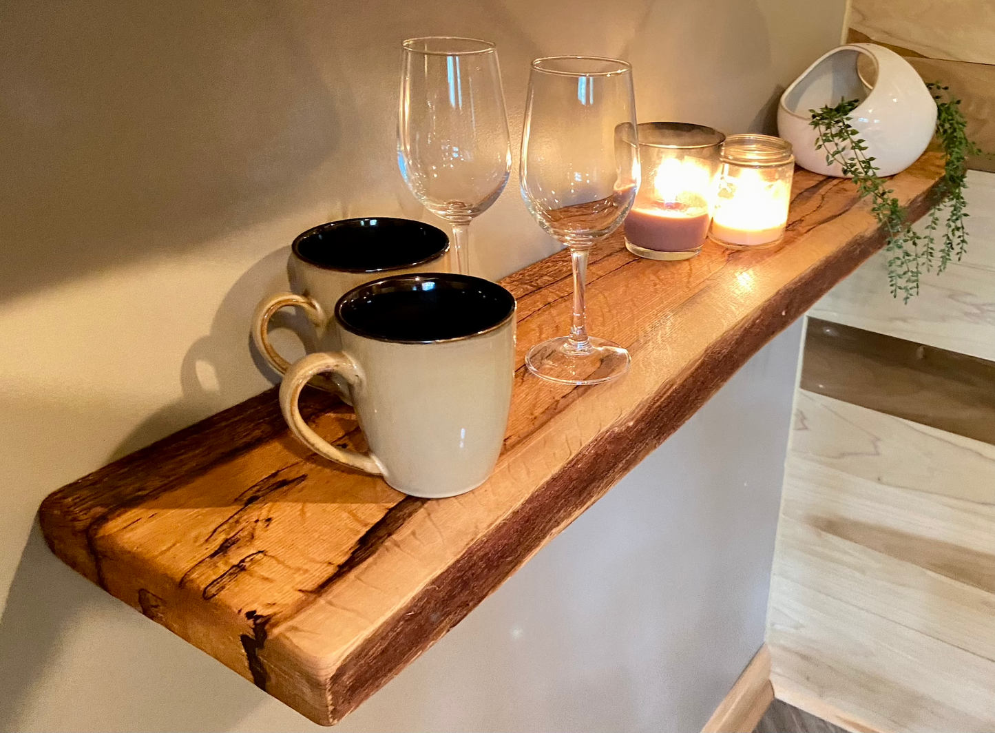 Set of 2 Live Edge Spalted White Oak Narrow Floating Display Shelves| Natural White Oak Wood Hanging Display Shelves|Rustic Farmhouse Decor