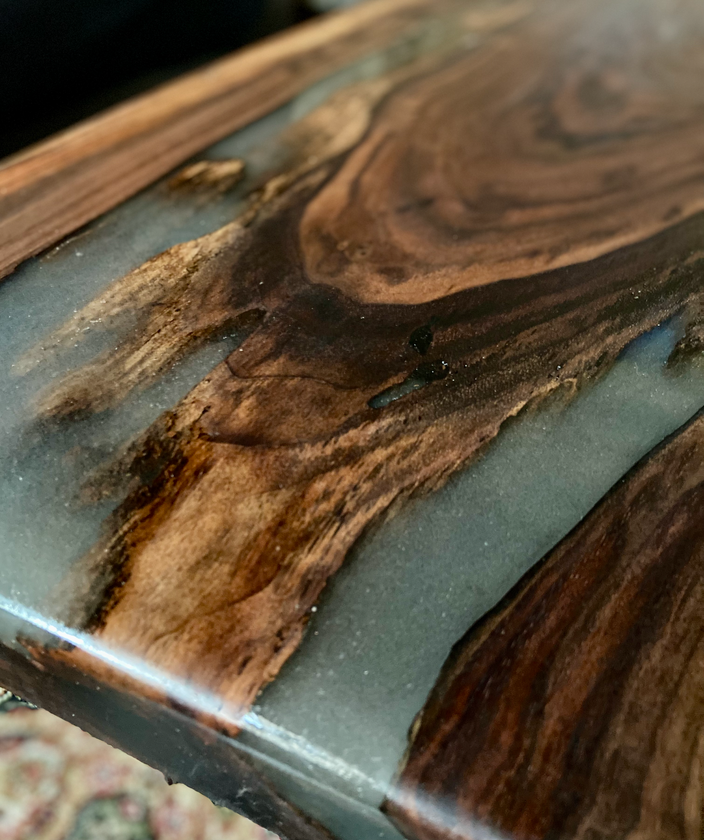 Live Edge Black Walnut Coffee Table with Stormy Gray Epoxy