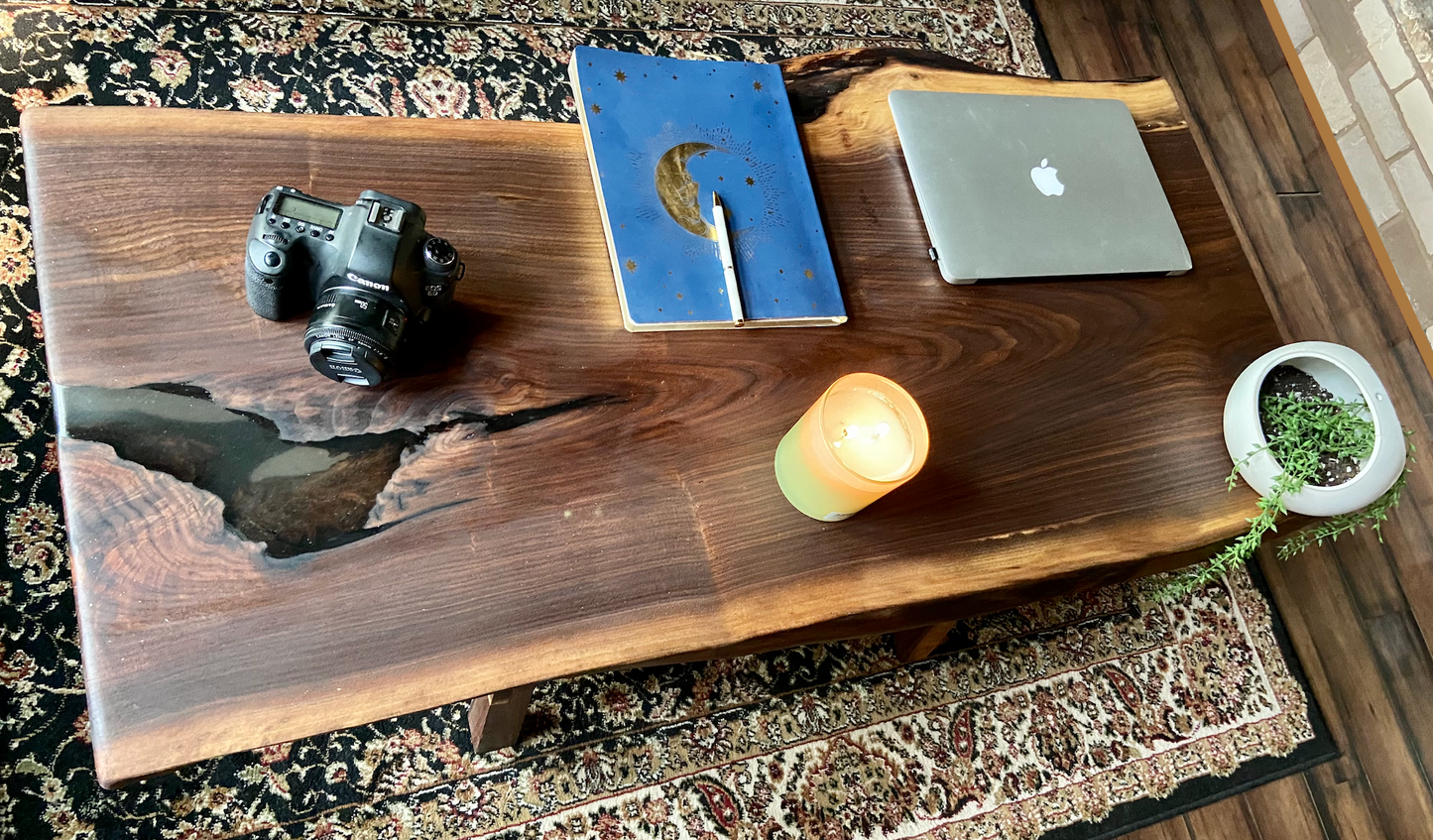 Live Edge Walnut Epoxy Coffee Table w/Clear Epoxy Fill|Rustic Live Edge Wood Table|Black Walnut Live Edge Wood Table Top|Live Edge Walnut