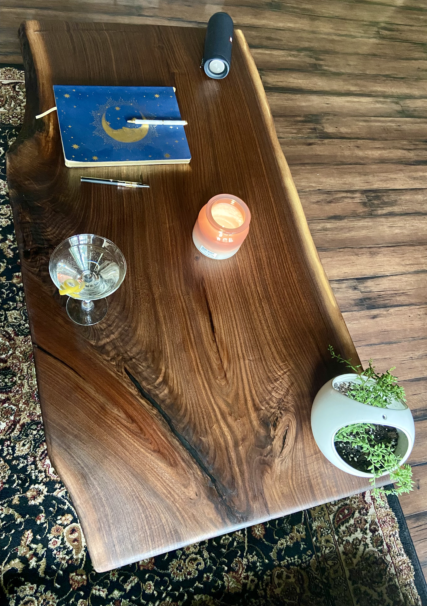 Wider Natural Live Edge Walnut Coffee Table with Stunning Fiddleback and Feathered Grain Patterns