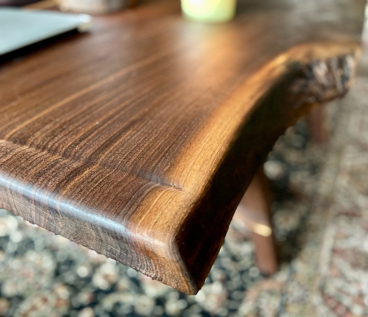 Wider Natural Live Edge Walnut Coffee Table with Stunning Fiddleback and Feathered Grain Patterns