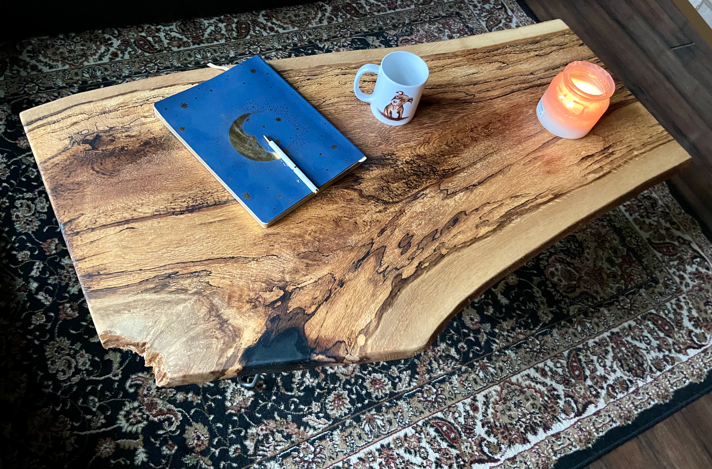Live Edge Spalted White Oak Wood Coffee Table|Live Edge Oak Table|Rustic Natural Edge Hardwood Oak|Forked Coffee Table|RusticFarmhouse Table