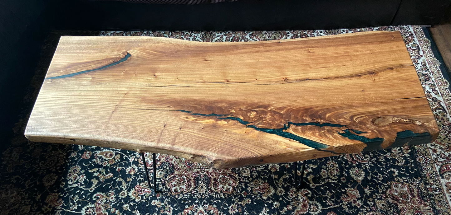 Natural Live Edge Chestnut Wood and Epoxy Coffee Table|Live Edge Wood Table|Rustic Wood Table|Live Edge Coffee Table|Wood Display Table