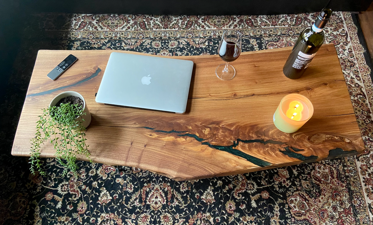 Natural Live Edge Chestnut Wood and Epoxy Coffee Table|Live Edge Wood Table|Rustic Wood Table|Live Edge Coffee Table|Wood Display Table