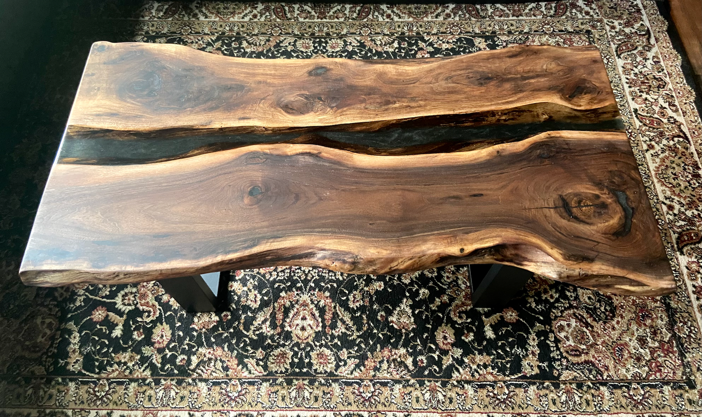 Rustic and Contemporary Live Edge Walnut River Pour Coffee Table w/Black and Clear Epoxy
