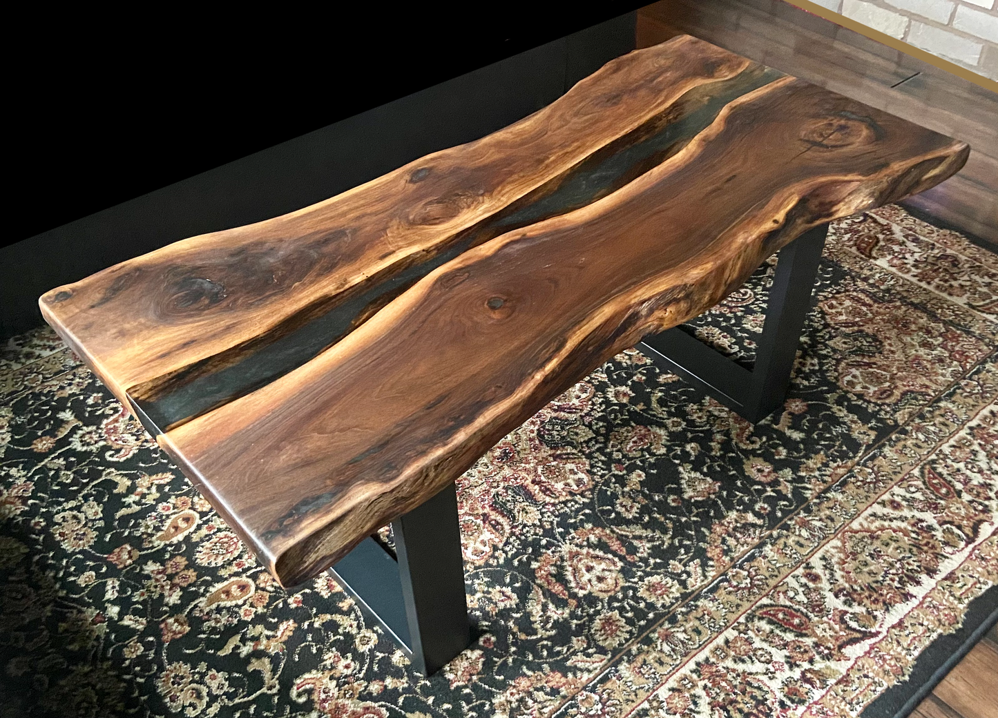 Rustic and Contemporary Live Edge Walnut River Pour Coffee Table w/Black and Clear Epoxy