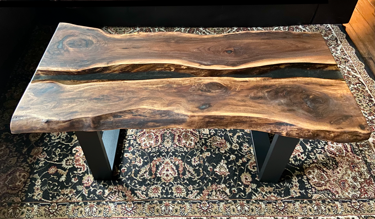 Rustic and Contemporary Live Edge Walnut River Pour Coffee Table w/Black and Clear Epoxy