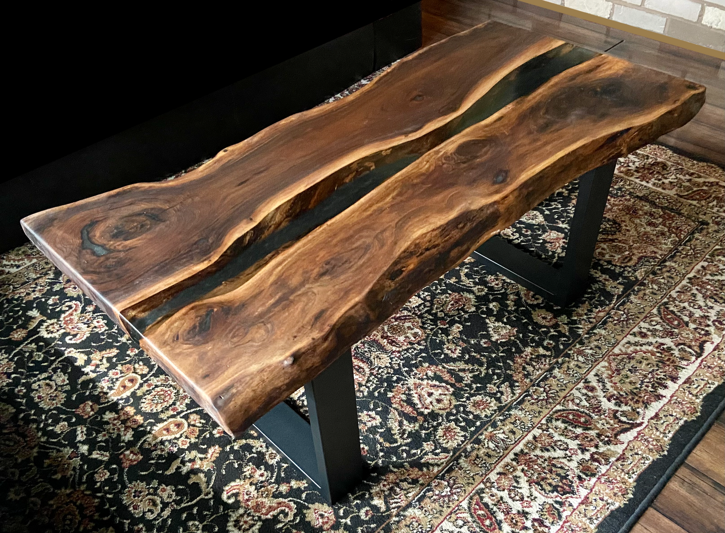 Rustic and Contemporary Live Edge Walnut River Pour Coffee Table w/Black and Clear Epoxy