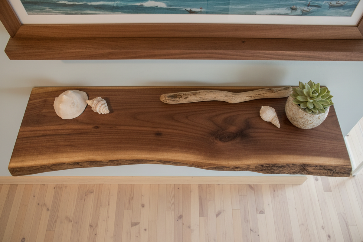 Live edge walnut floating shelf mounted on a light-colored wall, showcasing natural grain, dark tones, and organic edge detail
