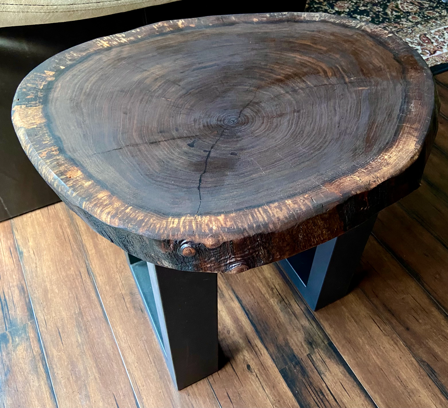 Live Edge Round Walnut Wood Accent Table | Live Edge Walnut Cross Cut Wood End Table | Round Wood Side Table | Rustic Live Edge Side Table