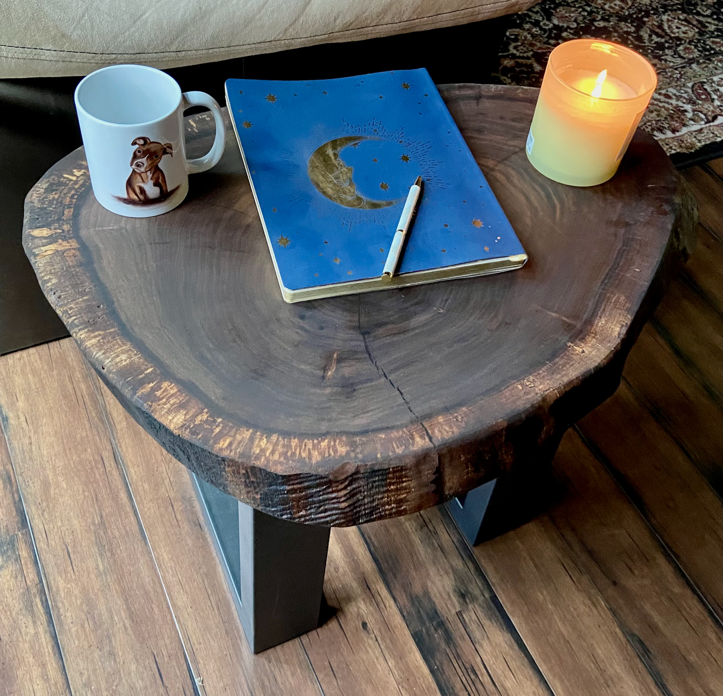 Rustic Round Live Edge Walnut Wood CrossCut Table | Round Wood Accent Table | Natural Curly Walnut Cookie Wood Side Table | Farmhouse Table