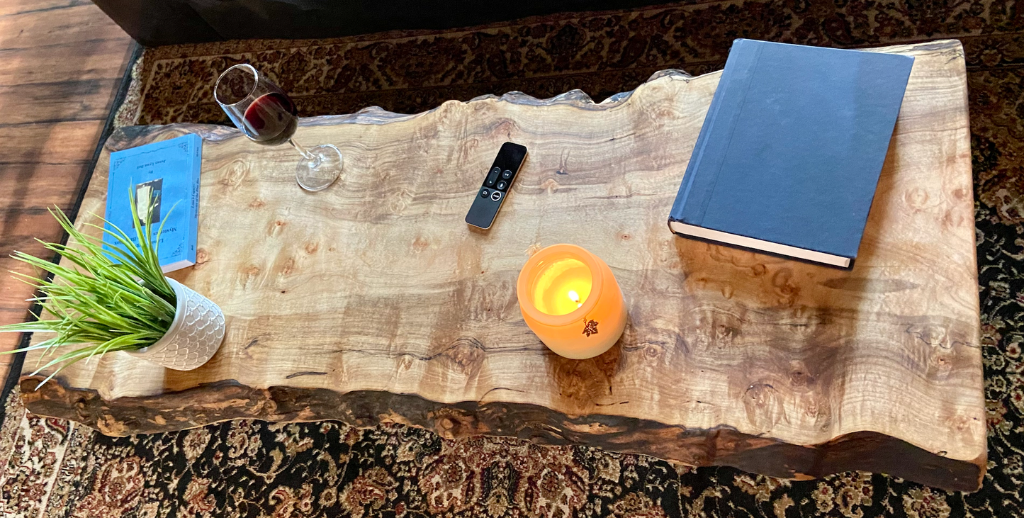 Live Edge Curly Maple Burl Wood Coffee Table|Live Edge Spalted Maple Table|Rustic Coffee Table|High Figure Maple|Bird's Eye Maple|Burl Maple