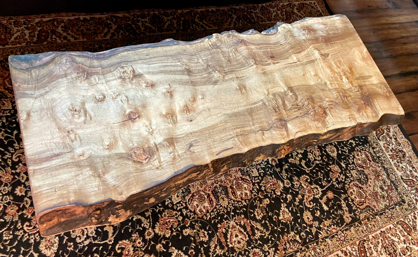 Live Edge Curly Maple Burl Wood Coffee Table|Live Edge Spalted Maple Table|Rustic Coffee Table|High Figure Maple|Bird's Eye Maple|Burl Maple